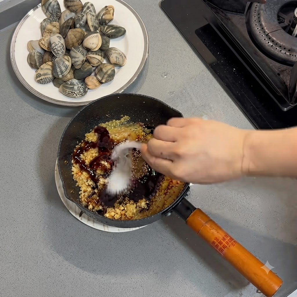 Austernsauce und Gewürze werden in einer Pfanne zum gebratenen Knoblauch gegeben und eingerührt.
