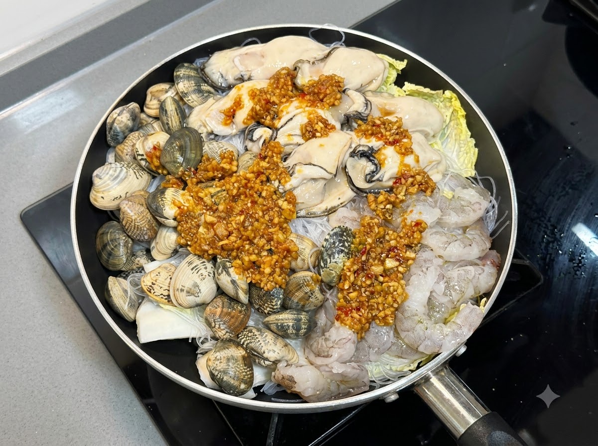 Gekochte Knoblauch-Chili-Sauce wird großzügig über die rohen Meeresfrüchte- und Nudelschichten in einer Pfanne gelöffelt.
