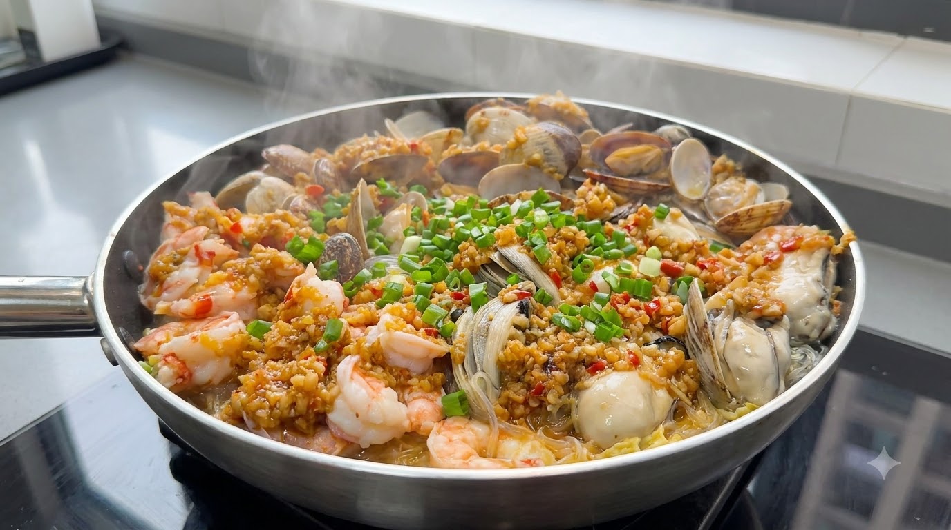 Ofen-Rinderfilet mit Knoblauch-Meeresfrüchte-Vermicelli