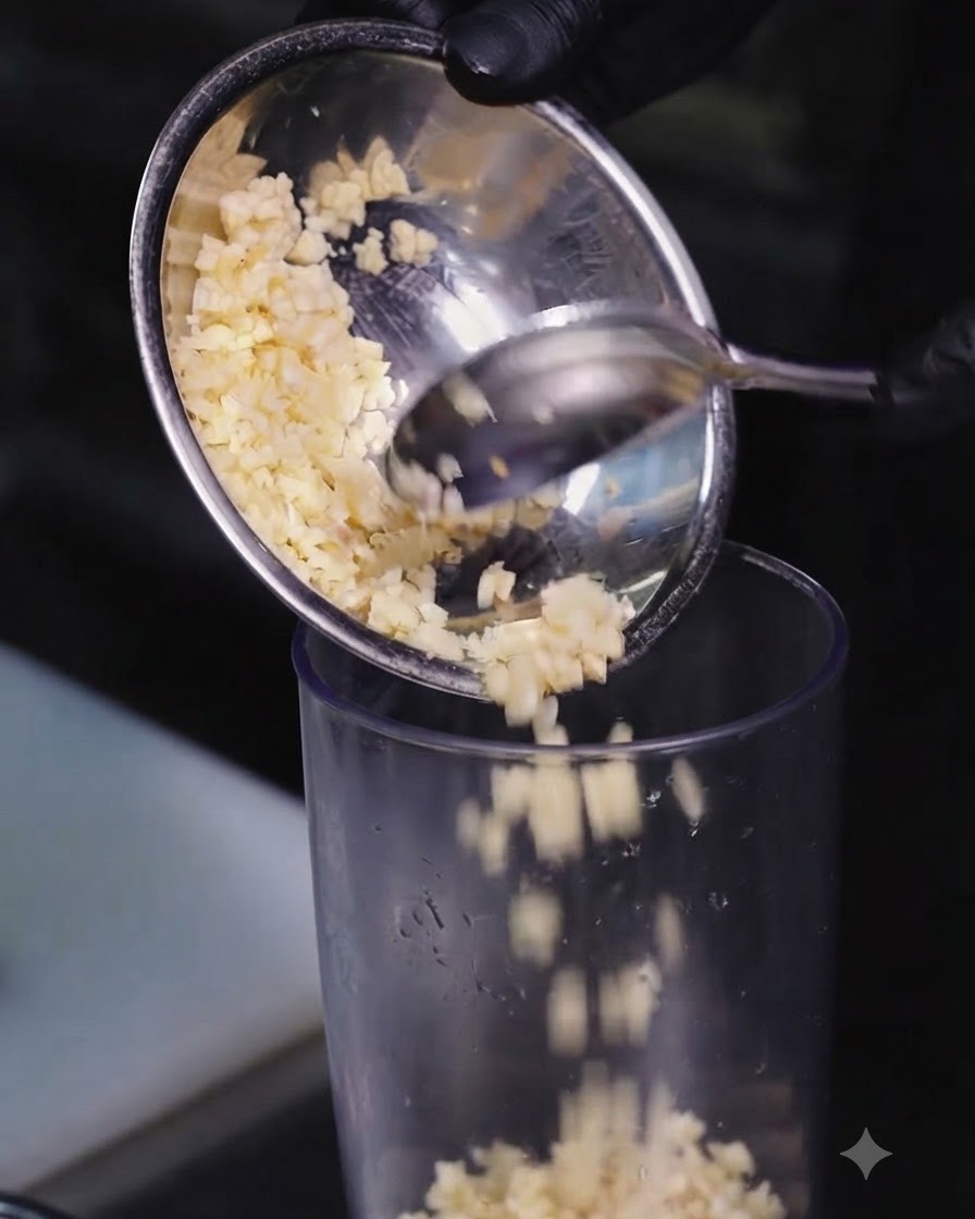 Fein gehackter Knoblauch und Ingwer fallen aus einer Edelstahlschüssel in einen klaren Mixbehälter.