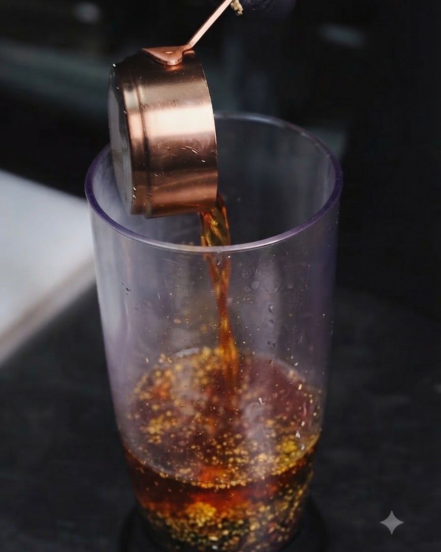 Dunkel gewürztes Öl wird aus einem Kupfer-Messbecher in das Mixgefäß mit den zerkleinerten Zutaten gegossen.