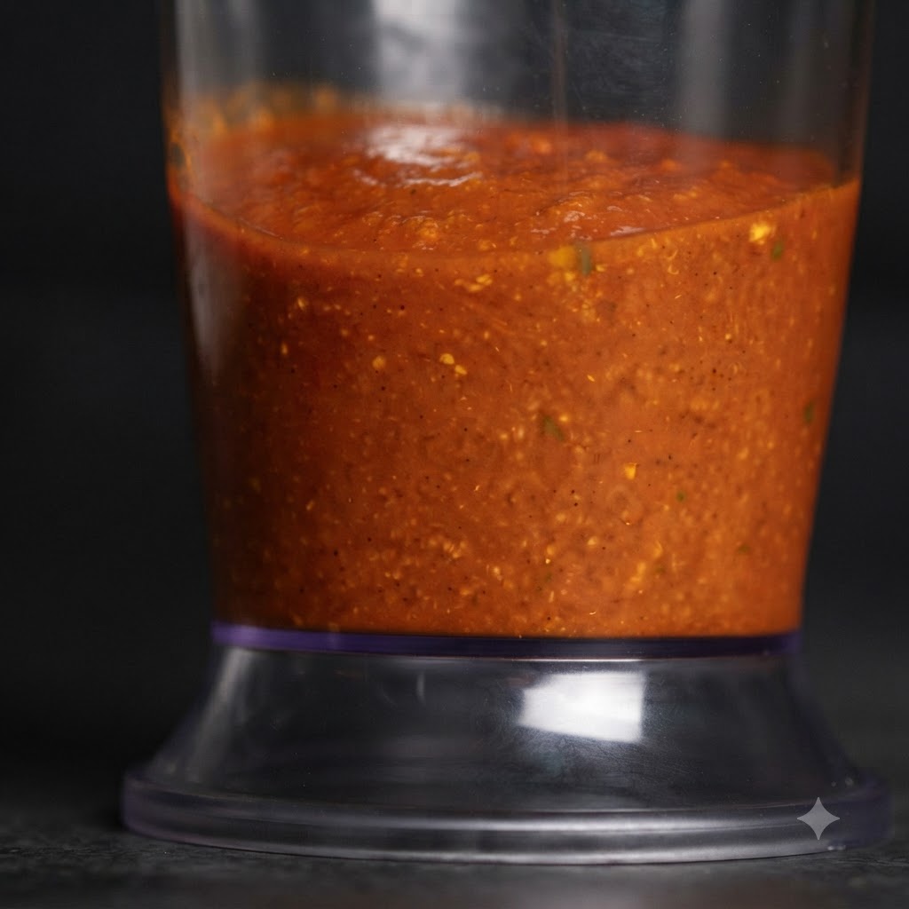 Die glatte, tief gefärbte gemixte Sauce füllt den unteren Teil des Kunststoff-Mixbehälters.
