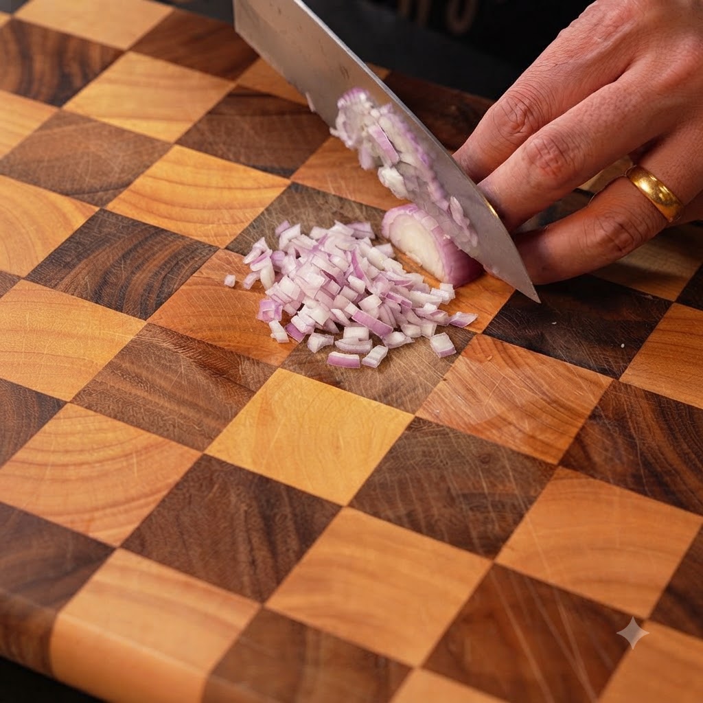 Frischer grüner Schnittlauch wird auf einem Holzbrett in kleine Abschnitte geschnitten.