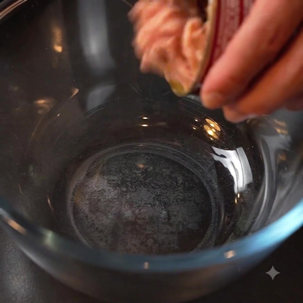 Abgetropfter Thunfisch wird aus einer Dose in eine transparente Rührschüssel gefüllt.