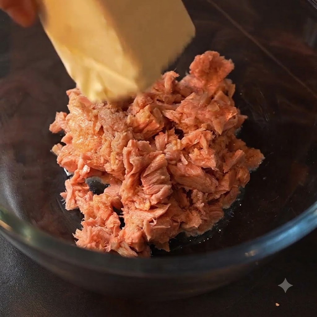 Ein Block Frischkäse wird in die Glasschüssel zum Thunfisch gegeben.