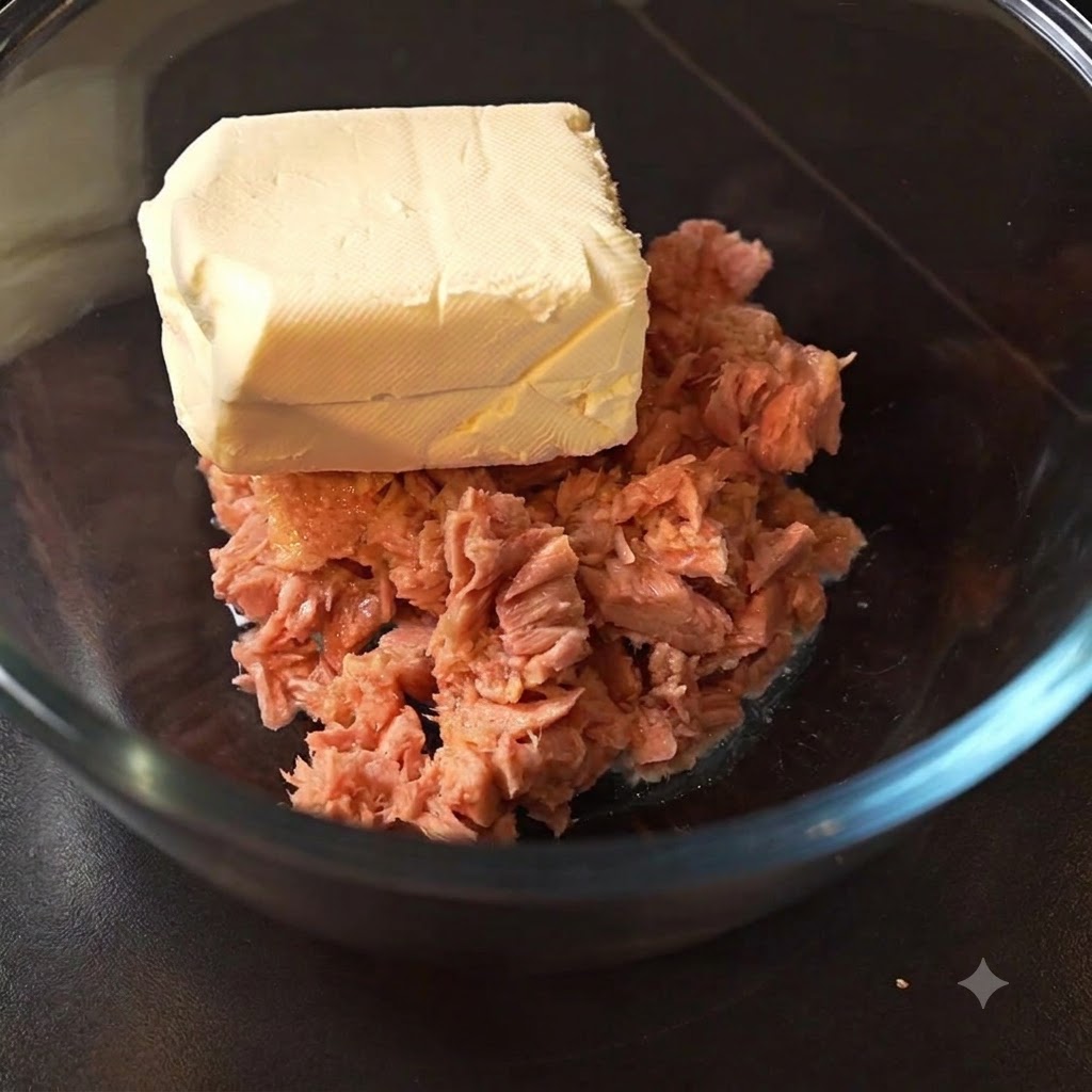 Ein Block Frischkäse liegt auf dem aufgelockerten Thunfisch in einer transparenten Glasschüssel.