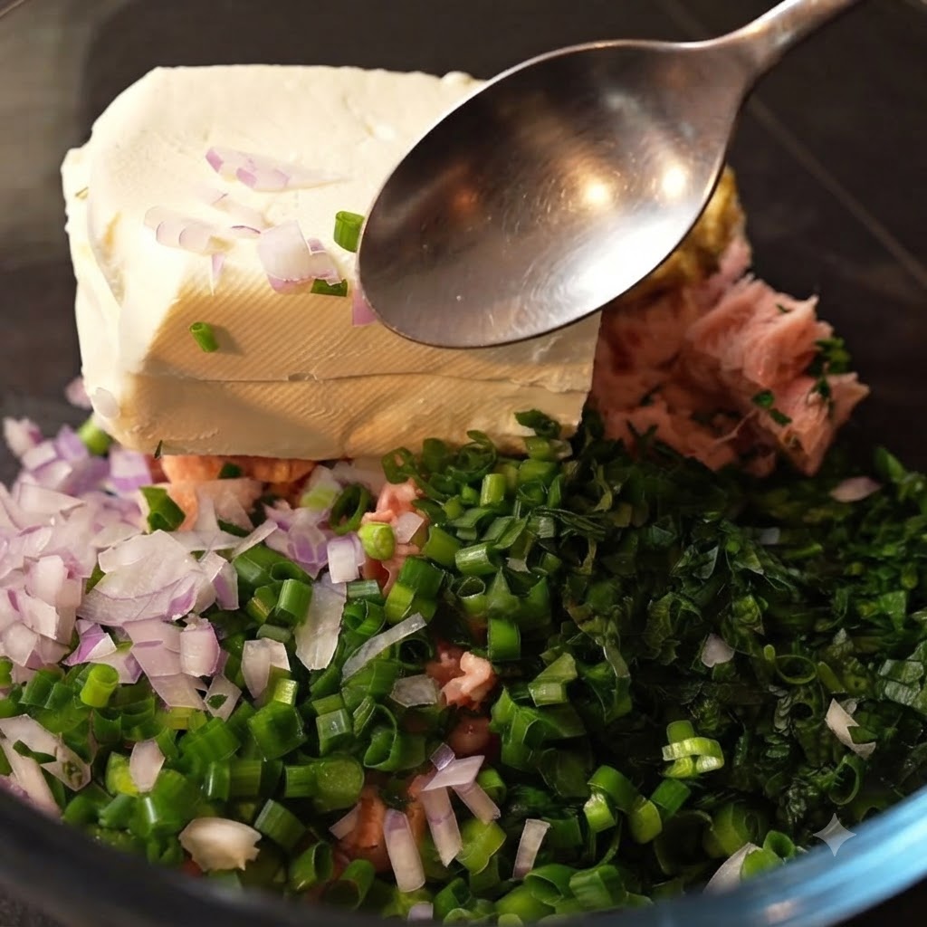 Ein Löffel Dijon-Senf wird in eine Glasschüssel gegeben, die mit Kräutern, Zwiebeln, Thunfisch und Frischkäse gefüllt ist.