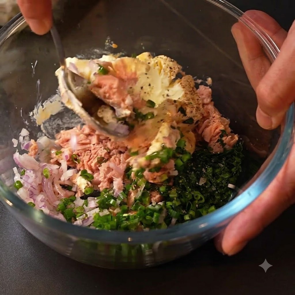 Ein Löffel vermischt Thunfisch, Frischkäse, Kräuter und Gewürze gründlich in einer Glasschüssel.