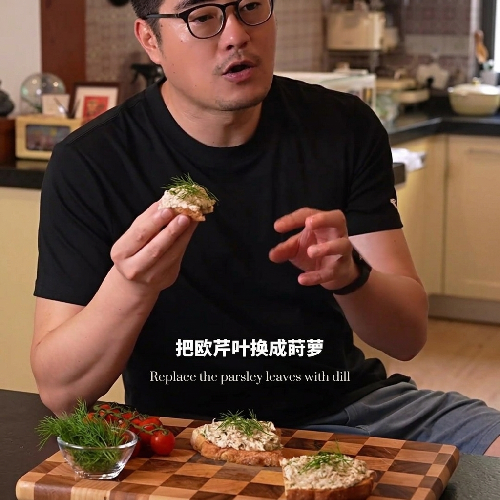 Eine Person hält eine fertige Thunfisch-Frischkäse-Stulle, während weitere Sandwiches und eine Schüssel mit frischen Kräutern und Kirschtomaten auf einem Holzbrett liegen.