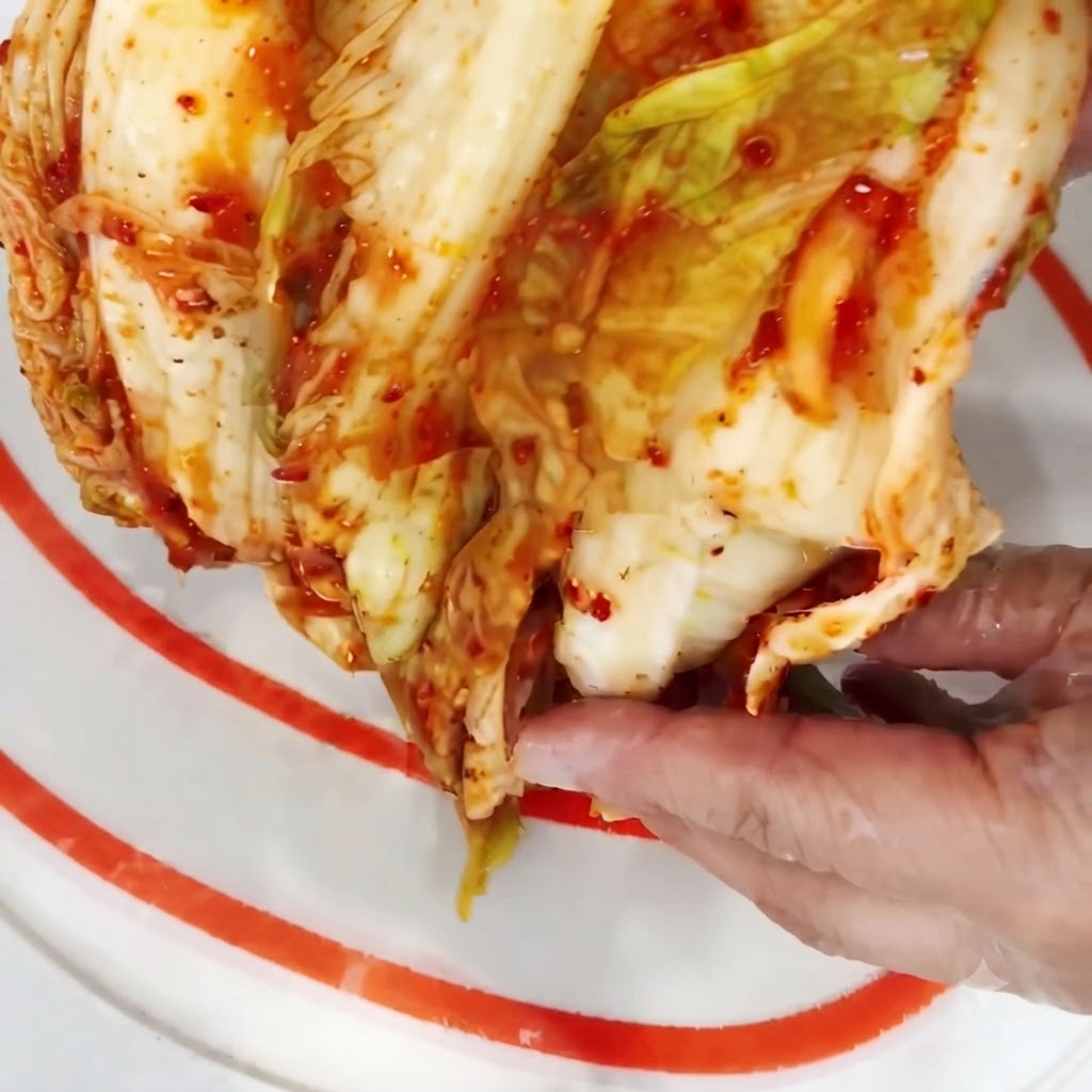 Ein halber Kopf Kimchi wird auf einem Schneidebrett in kleinere Stücke geschnitten.
