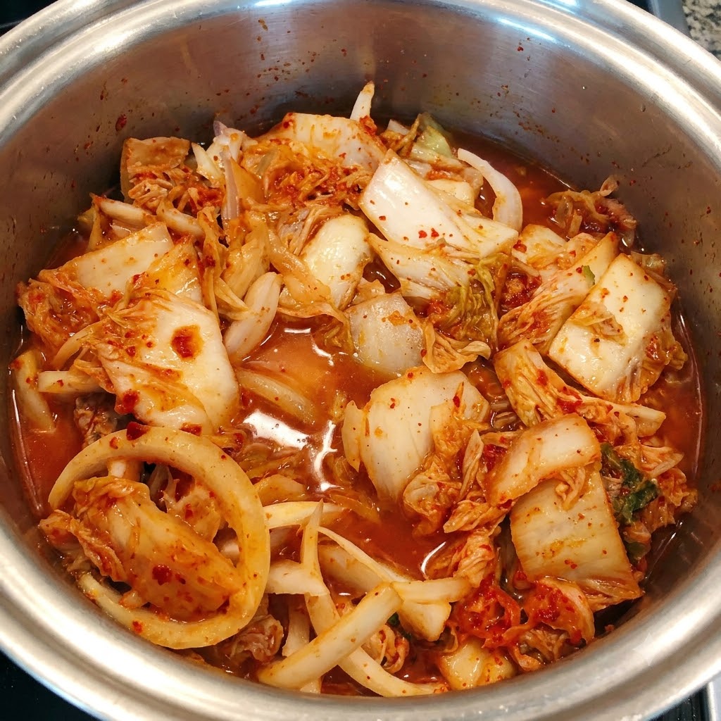 Klares Wasser wird über die angebratene Kimchi-Thunfisch-Mischung in den Topf gegossen.