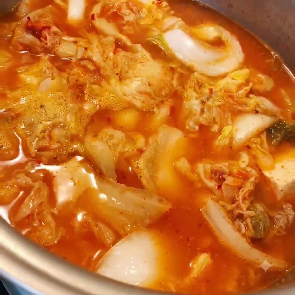 Ein Metalletopf gefüllt mit köchelndem Kimchi-Eintopf und aufgelegtem Deckel.