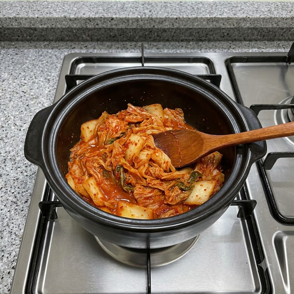Rotes Kimchi wird in einem schwarzen Tontopf mit einem Holzlöffel über dem Herd vermischt.