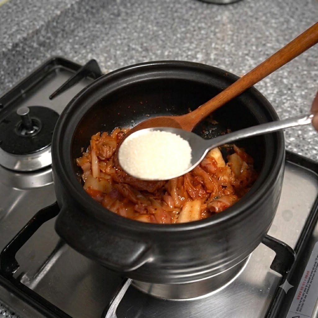 Ein Metalllöffel hält weißen Zucker über das anbratende Kimchi im Tontopf.