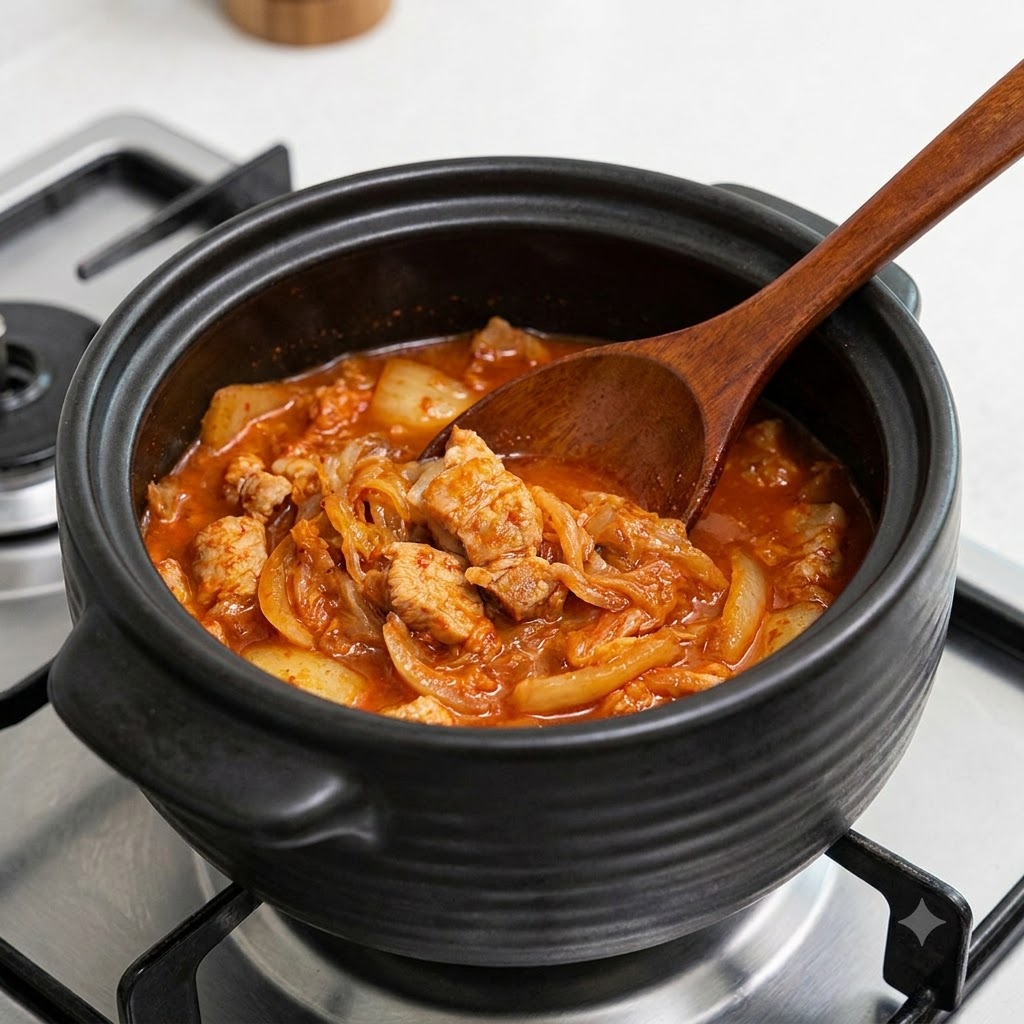Gehackte Zwiebelstücke vermischt mit dem kochenden Kimchi im dunklen Tontopf.