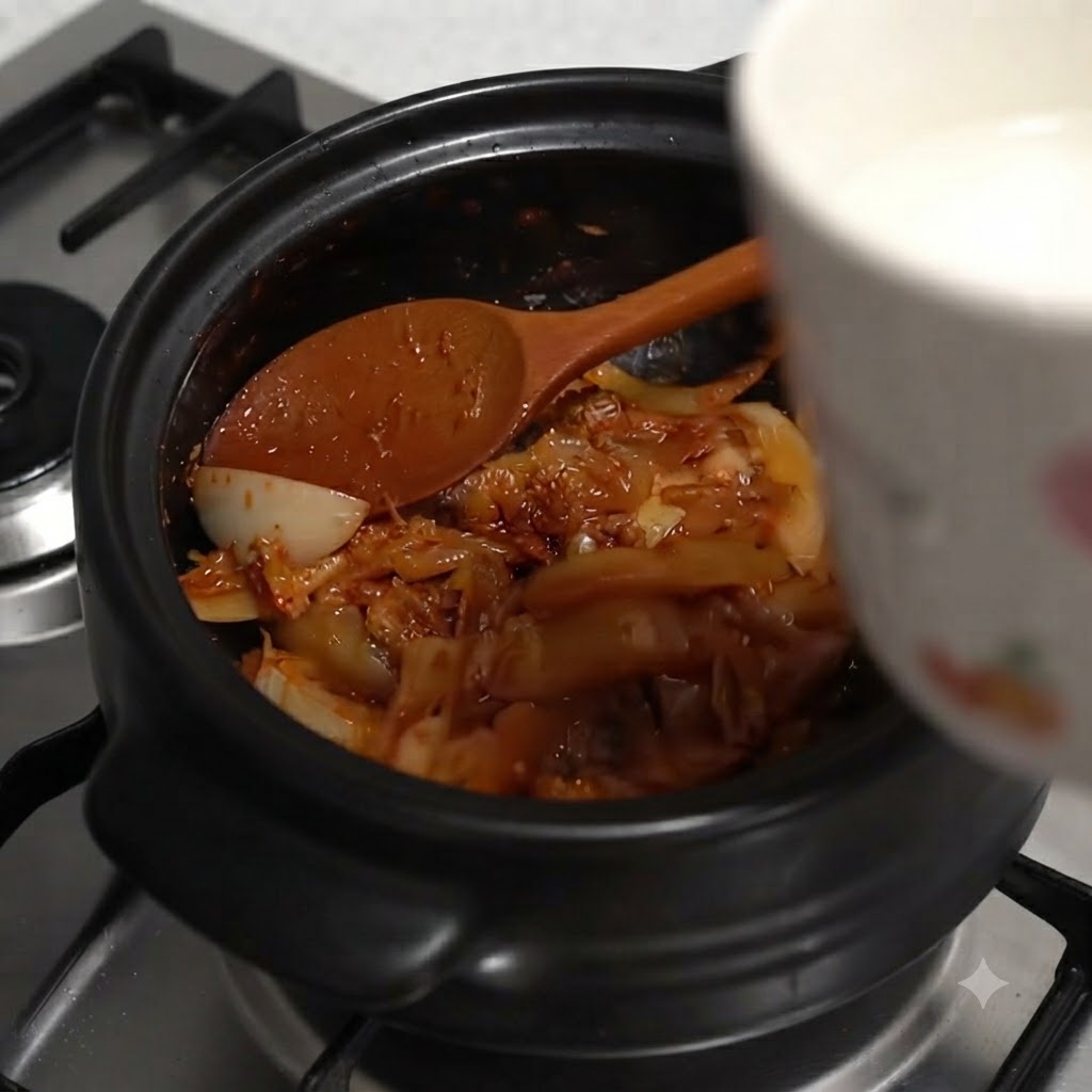 Eine weiße Tasse gießt Wasser in den mit gekochtem Kimchi und Zwiebeln gefüllten Topf.