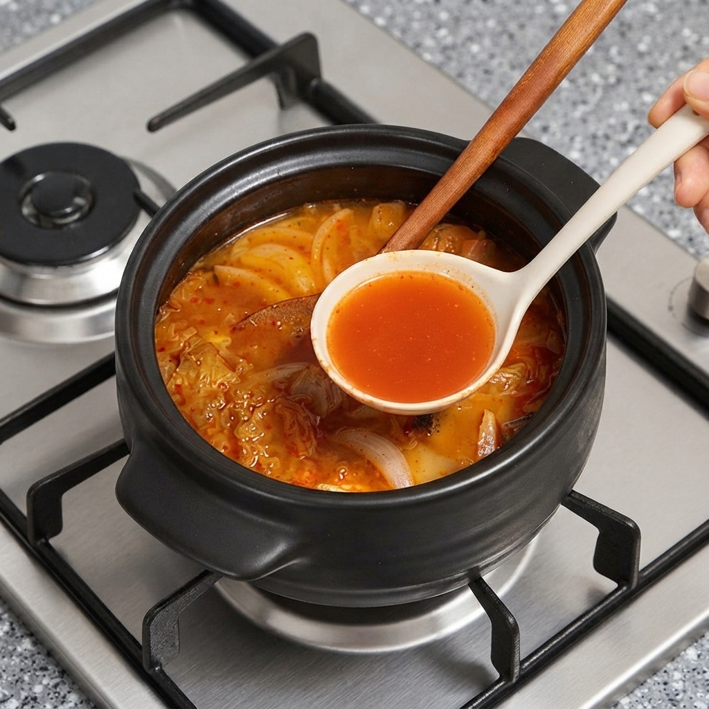Ein weißer Löffel schöpft roten Kimchi-Suppensaft über dem dunklen Kochtopf auf.