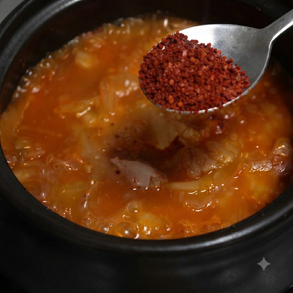 Ein Löffel mit rotem Chilipulver über der kochenden Orangensuppe.