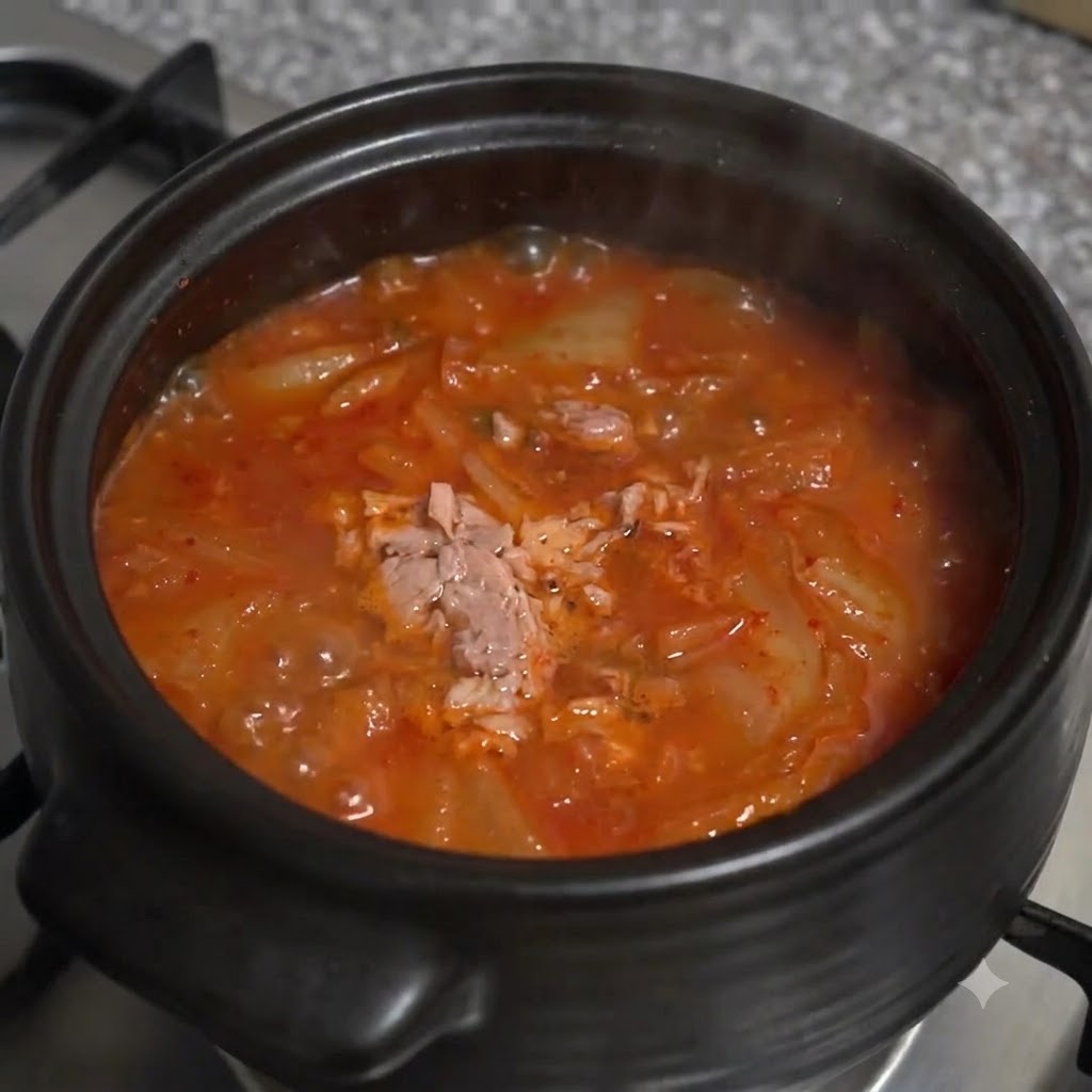 In Scheiben geschnittene Frühlingszwiebeln sind auf der Oberfläche der heißen Kimchi-Thunfisch-Suppe im Tontopf verteilt.