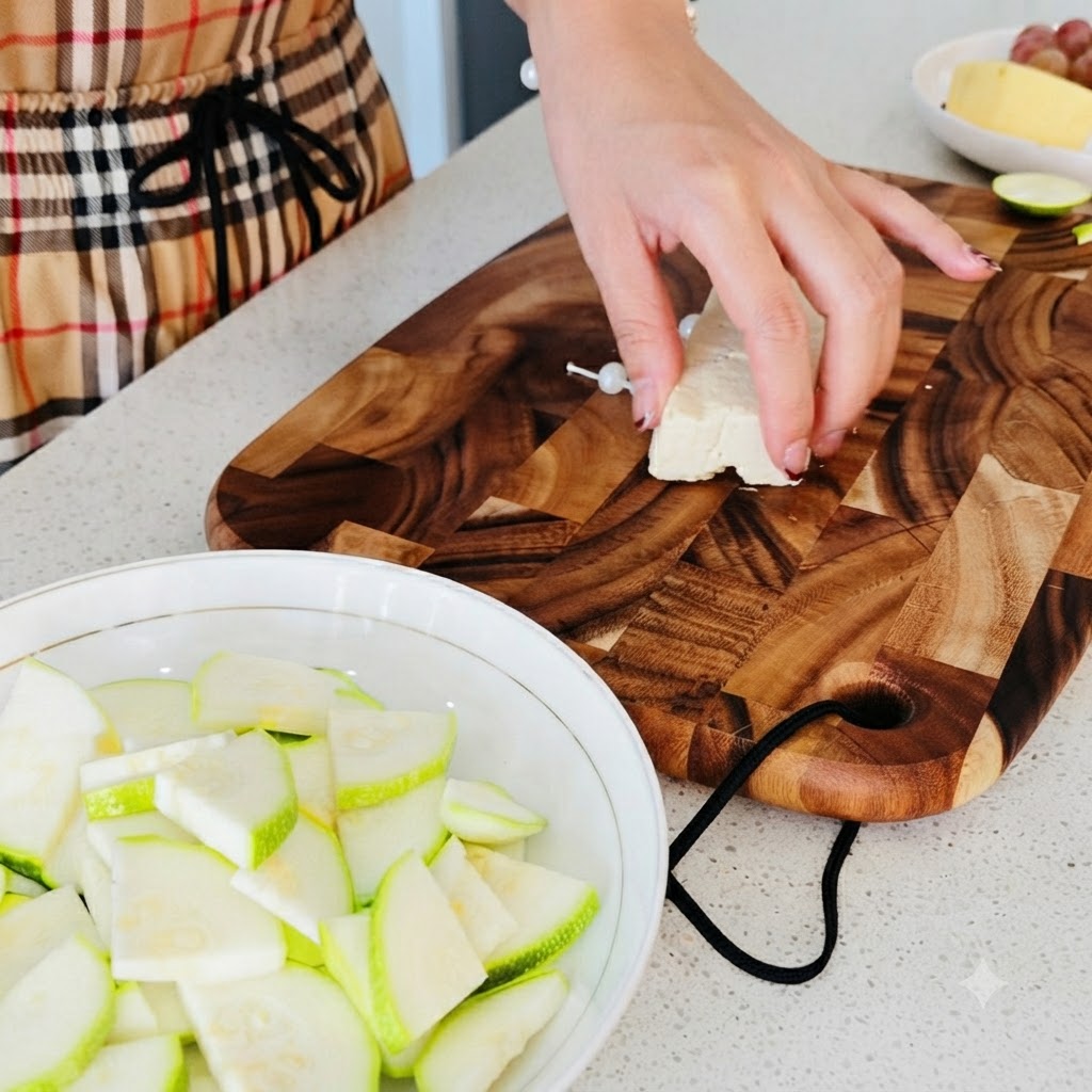 Ein Block weißer Tofu wird neben einer Schüssel geschnittener Zucchini auf einem Holzschneidebrett in saubere kleine Würfel geschnitten.