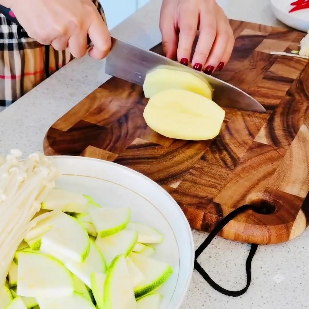 Frisch geschälte Kartoffeln werden auf einem Holzschneidebrett in kleine Stücke geschnitten.