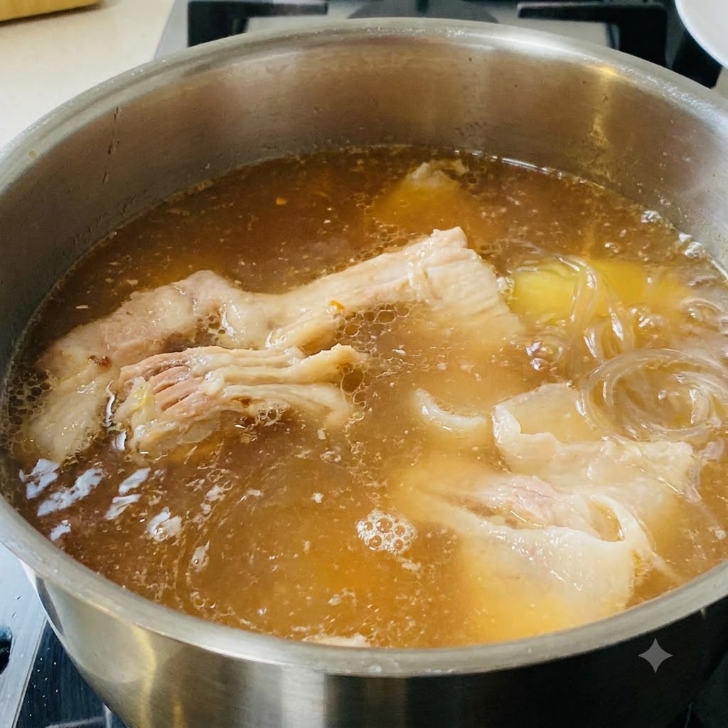 Die Sojabohnenpastenmischung wird in einen kochenden Topf mit Brühe und Schweinebauchstücken gegossen.