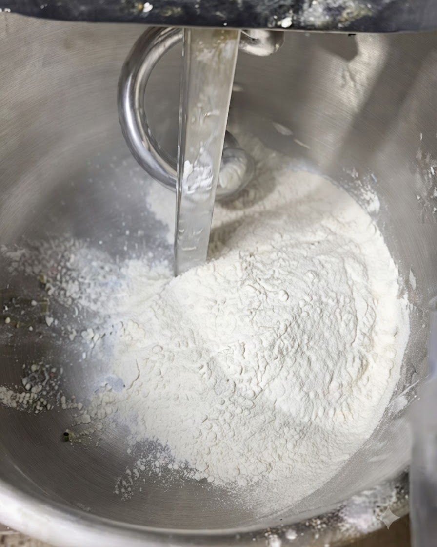 Trockene und flüssige Zutaten werden in der Rührschüssel einer Küchenmaschine zusammengegeben.