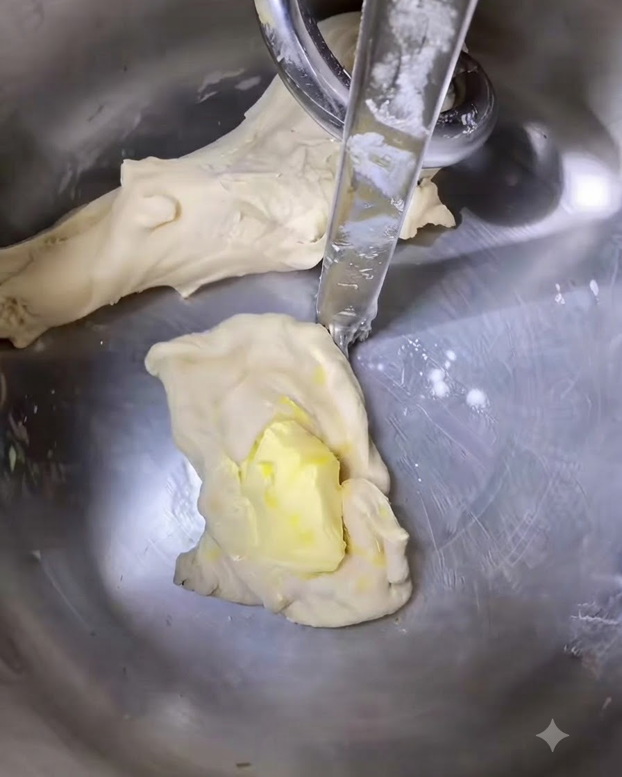 Butter wird in der Rührschüssel zum Teig gegeben.