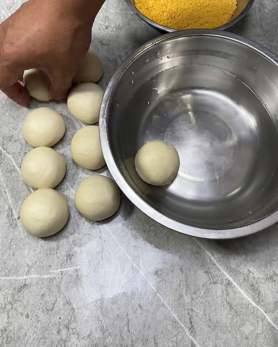 Teigkugeln stehen während des Panierens neben einer Schüssel mit Wasser und Paniermehl.