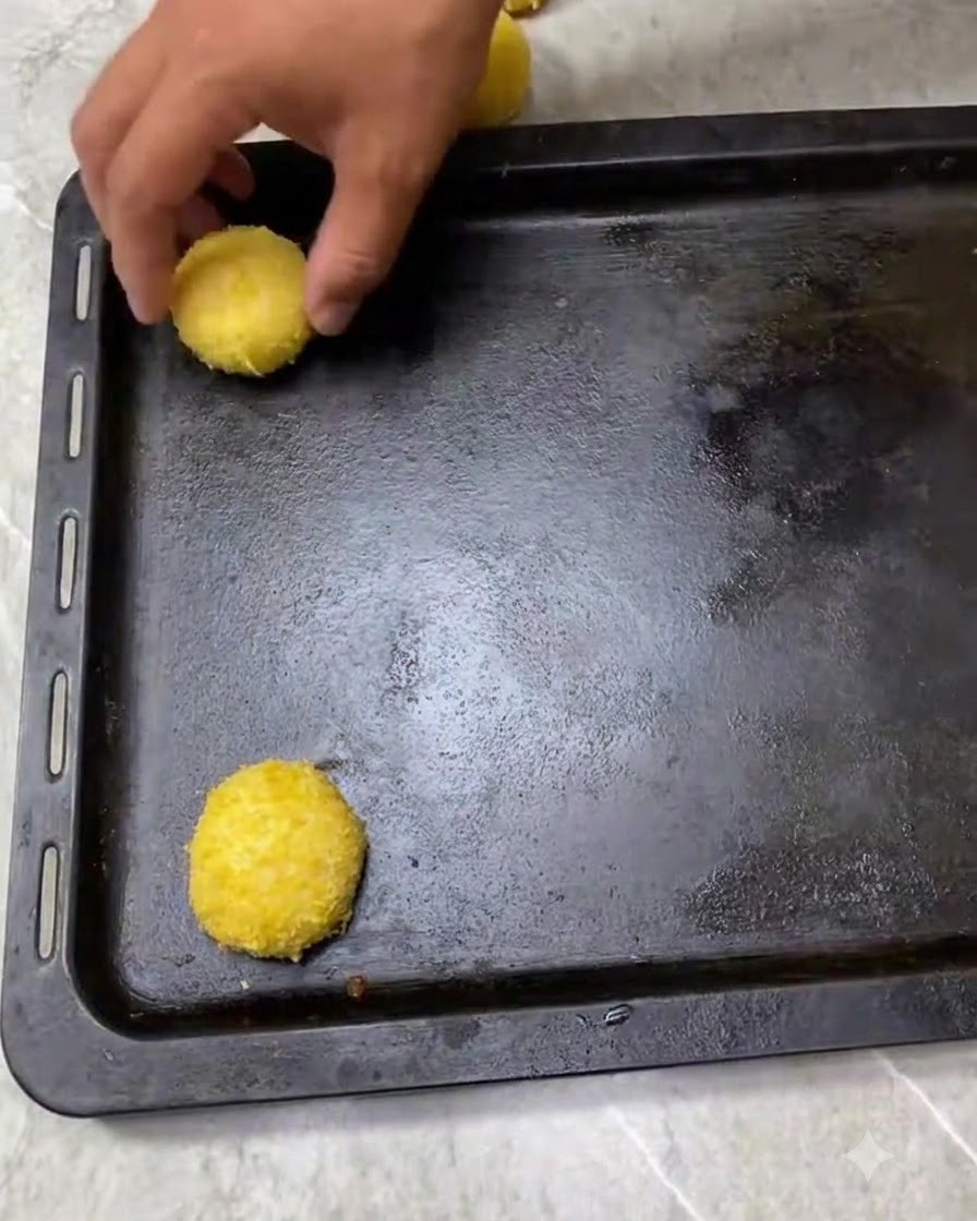 Mit Paniermehl ummantelte Teigkugeln liegen mit Abstand auf einem dunklen Backblech und sind bereit für die Stückgare.