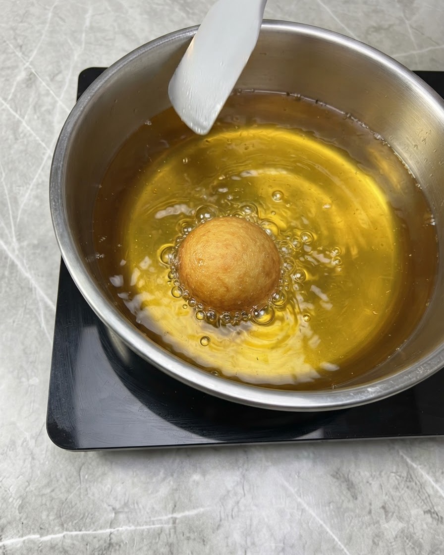 Eine einzelne Teigkugel frittiert in blubberndem, heißem und goldenem Öl in einem Edelstahltopf.