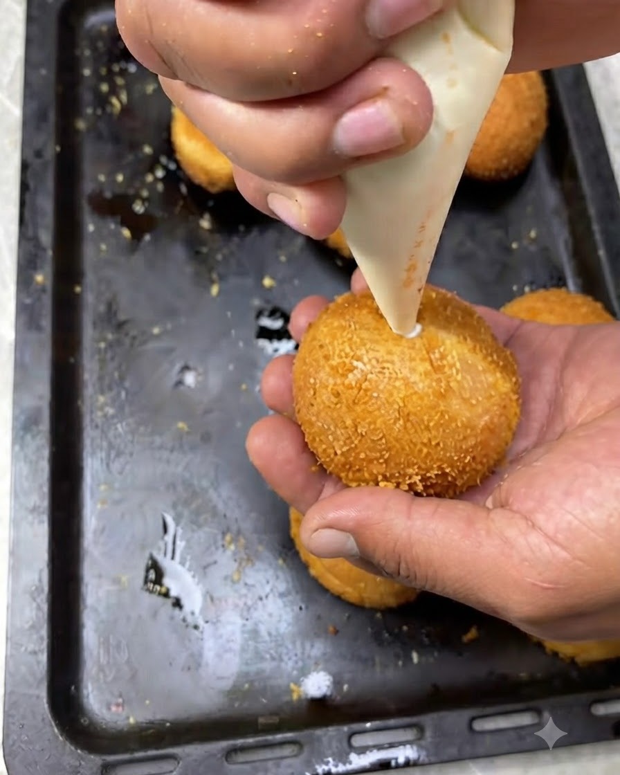 Ein Spritzbeutel füllt weiße Cremefüllung in das mittlere Loch eines golden frittierten Burgers in der Hand.