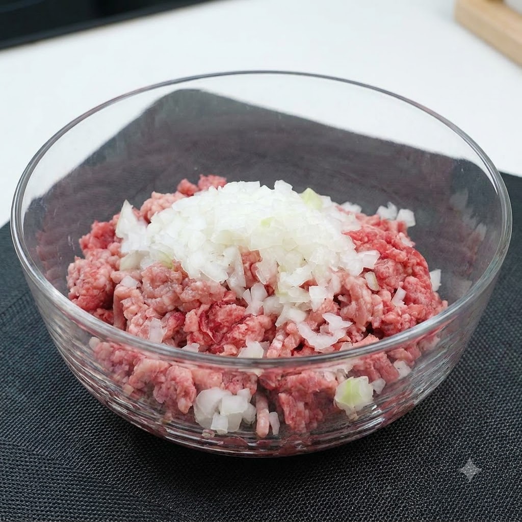Knoblauchpulver, Salz, Pfeffer und dunkle Worcestersoße oben auf der rohen Hackfleisch-Zwiebel-Mischung in einer Glasschüssel.