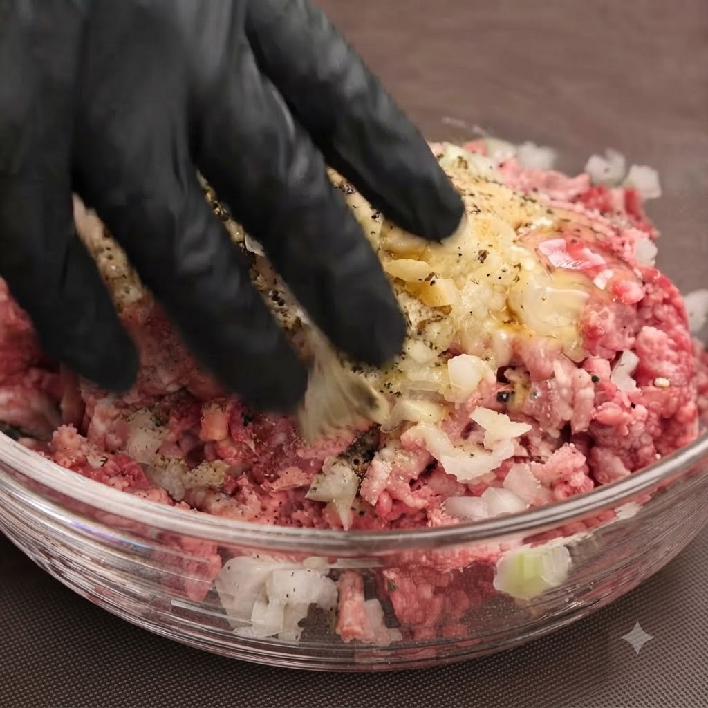 Eine handgeschmückte Hand mit schwarzem Handschuh knetet und mischt rohes Rinder- und Schweinehackfleisch sowie Gewürze in einer Glasschüssel.