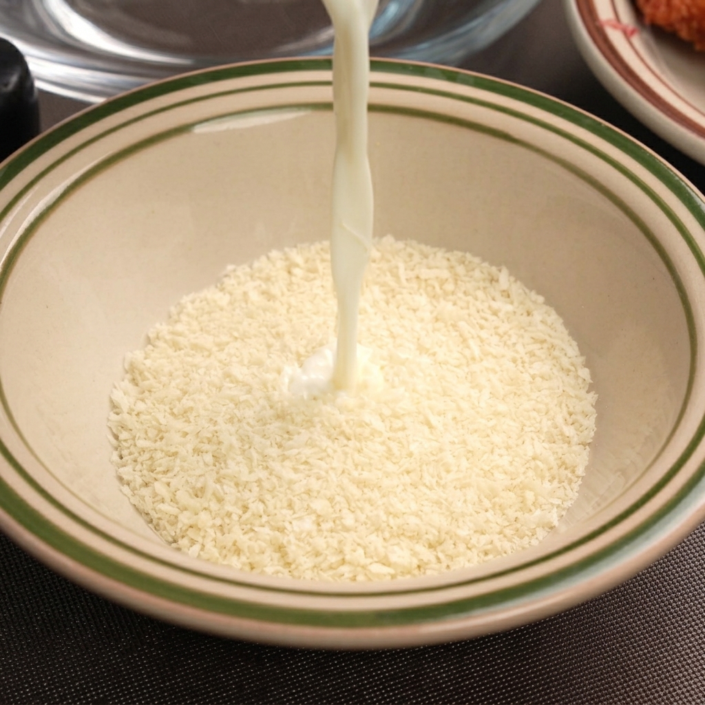 Weiße Milch wird von oben in eine Schüssel mit trockenem Paniermehl gegossen.