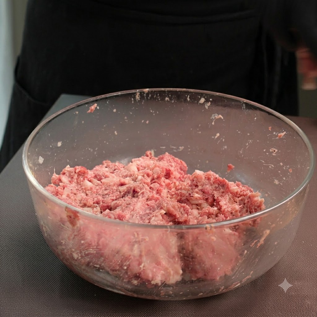 Ein Teil der Hackfleischmasse wird auf einer Waage abgewogen und zu einer Kugel gerollt.