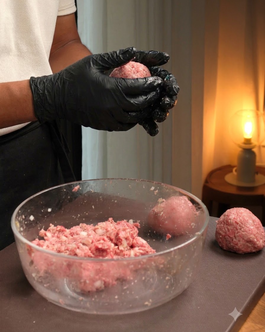 Ein Fleischbällchen wird geformt und mit einer Form fest zu einem runden Burger-Patty gepresst.