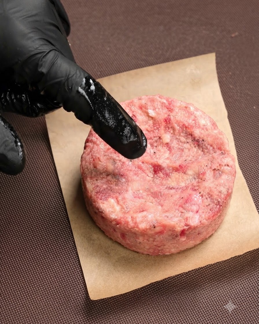Ein behandschuhter Finger drückt eine kleine Vertiefung in die Mitte eines rohen Burger-Pattys auf Backpapier.