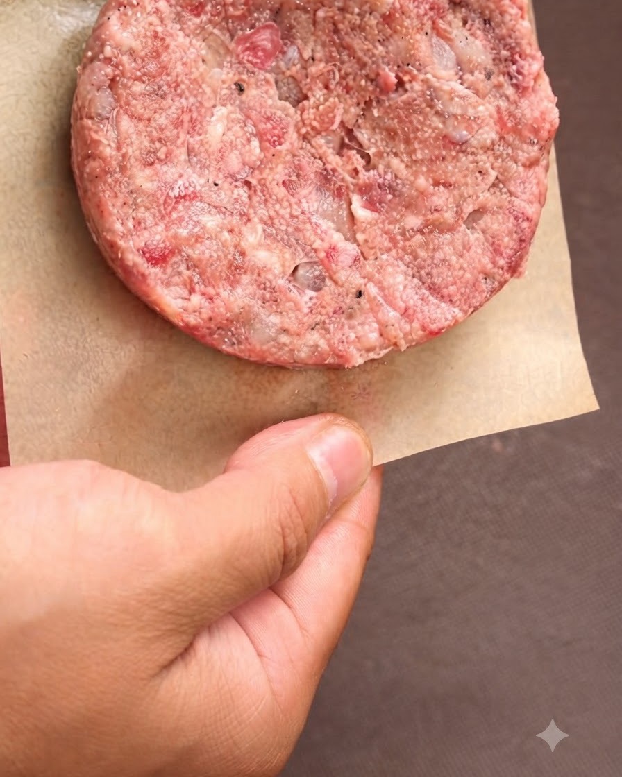 Mehrere geformte rohe Burger-Patties, geschichtet mit Backpapier in einer Aufbewahrungsschale.