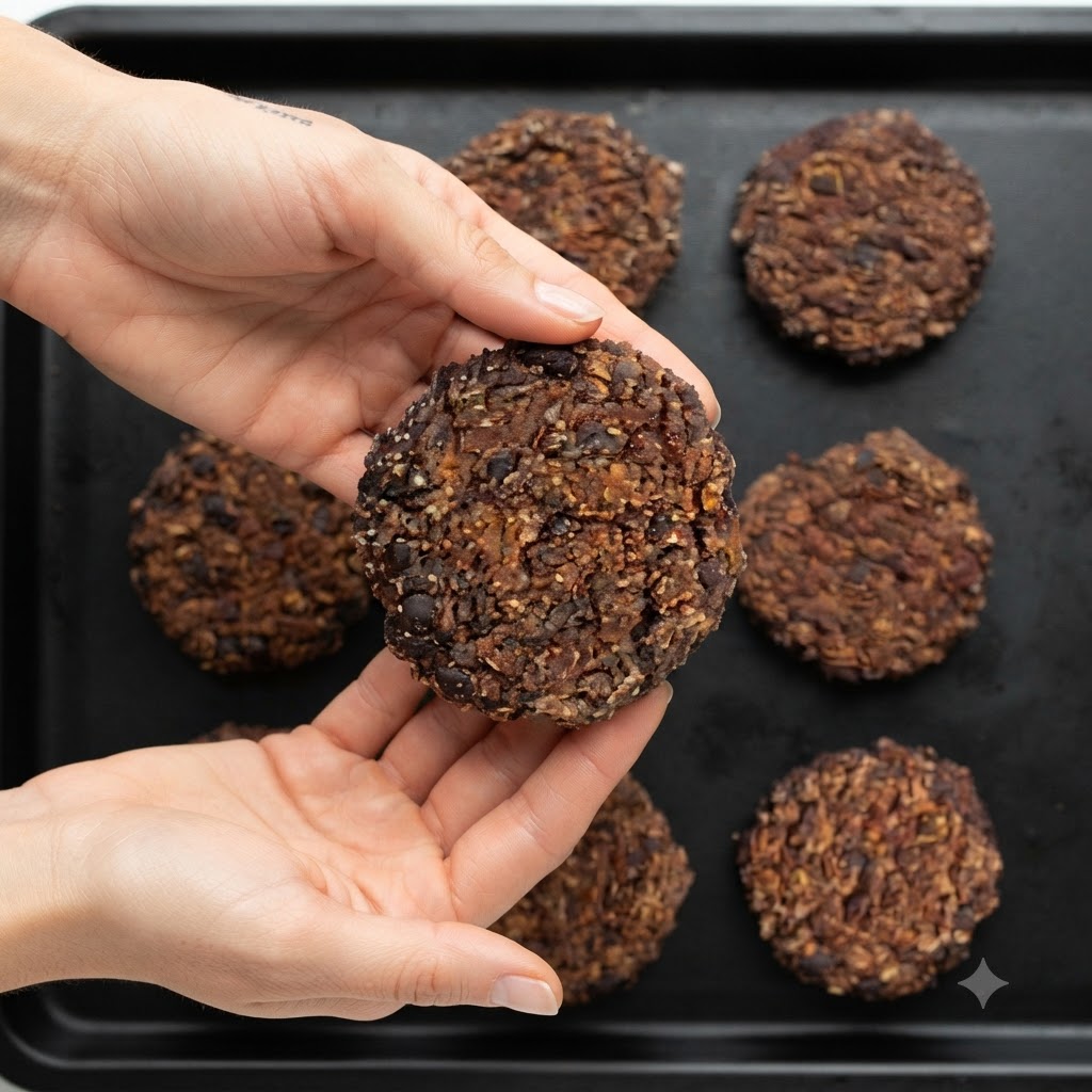 Gebackene Burgerpatties werden über einem Backblech voller weiterer Patties gehandhabt.