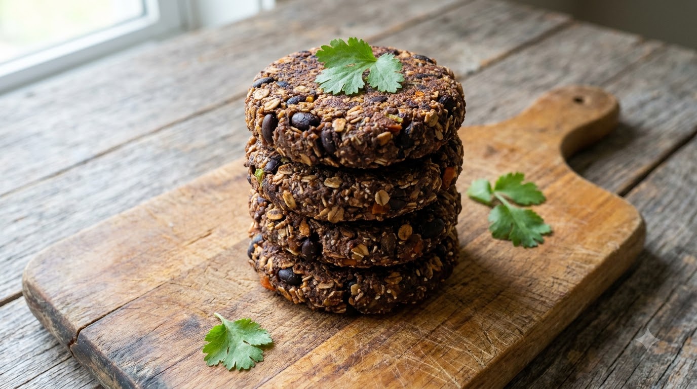 Ein hoher Stapel hausgemachter dunkler Bohnen-Gemüse-Hafer-Burgerpatties auf einem Holzschneidebrett