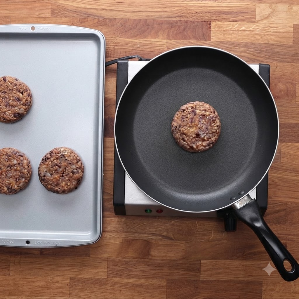 Schwarze-Bohnen-Patties ruhen auf einem Backblech neben einer Bratpfanne mit einem Bratling.
