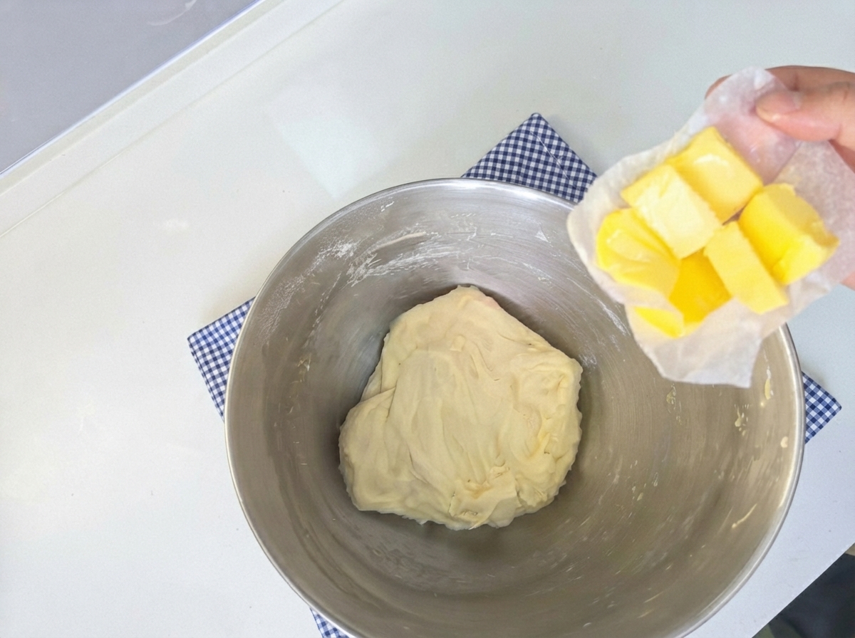 Weiche Butterstücke auf Backpapier neben einer Schüssel mit dem gekneteten Teig.