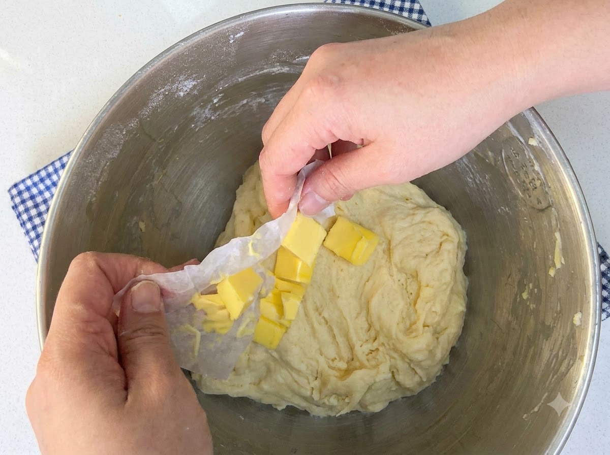 Hände beim Einarbeiten der Butterstücke direkt in den Teig in der Rührschüssel.