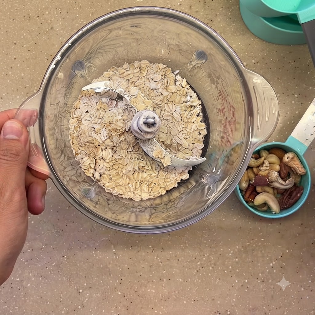 Trockene Haferflocken in einem Glas-Mixbehälter neben einem Messbecher mit Nüssen.