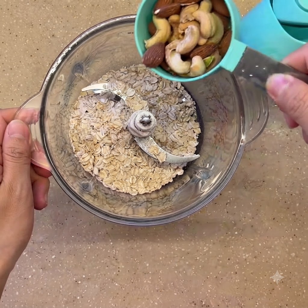 Gemischte Nüsse werden in einen mit Haferflocken gefüllten Mixer geschüttet.