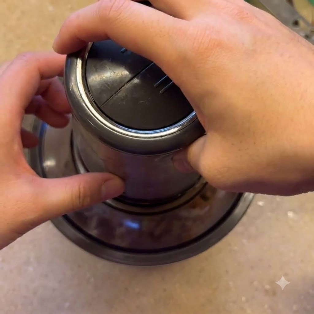 Hände bedienen sicher einen mit Haferflocken und Nüssen gefüllten Mixer.