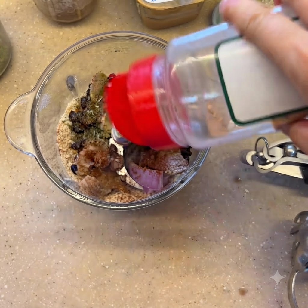Knoblauchpulver wird aus einer Flasche in die Mixerschüssel mit den übrigen Zutaten gestreut.