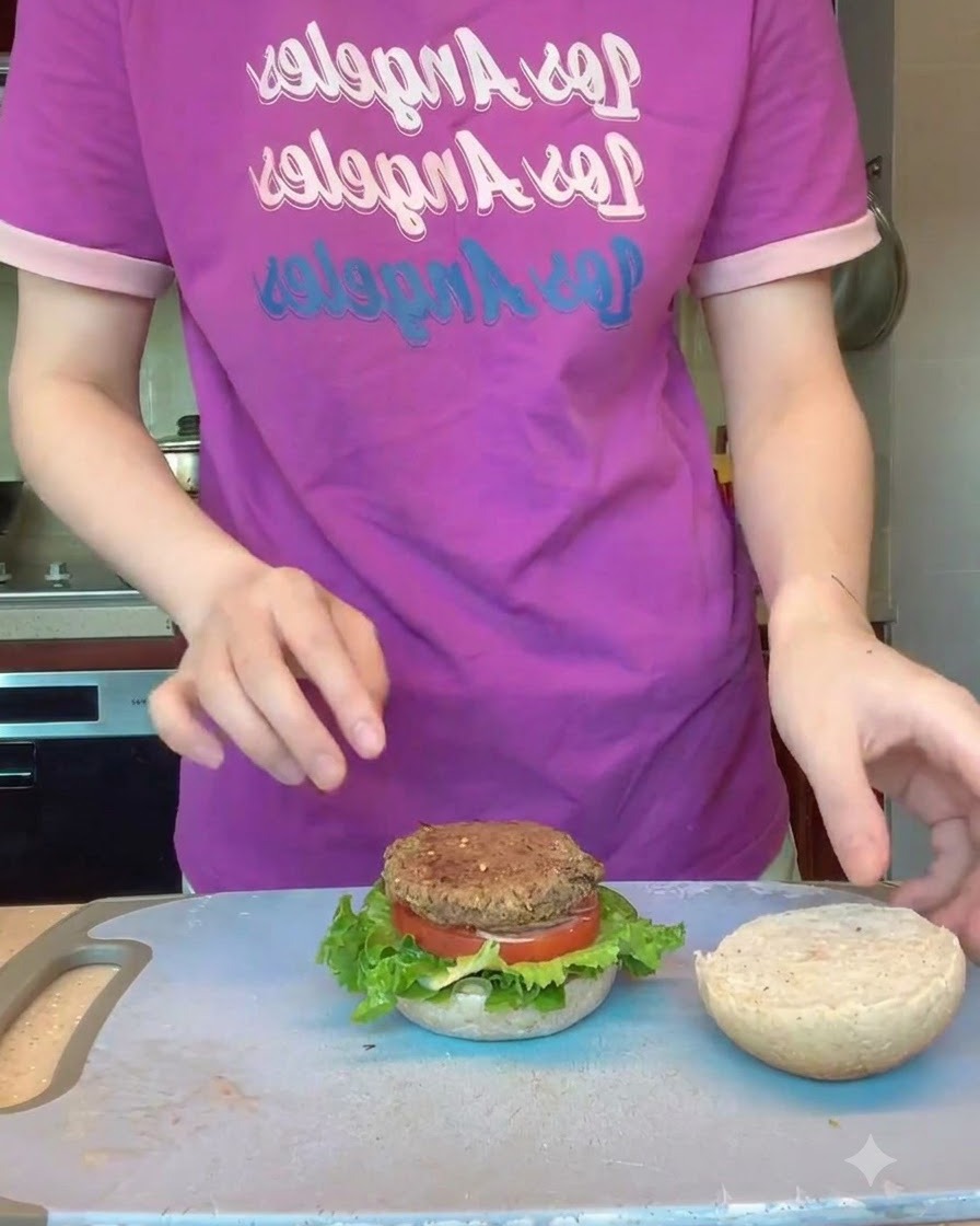 Ein mit geformten Black-Bean-Burger-Patties gefülltes Tablett wird in einen Ofen geschoben.