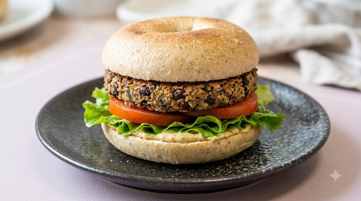 Ein vollständig zusammengesetzter veganer Black Bean Burger auf einem dunklen Teller, mit einem Vollkornbagel-Brötchen, einem gekochten Black-Bean-Patty, einer Tomatenscheibe und frischem Salat.